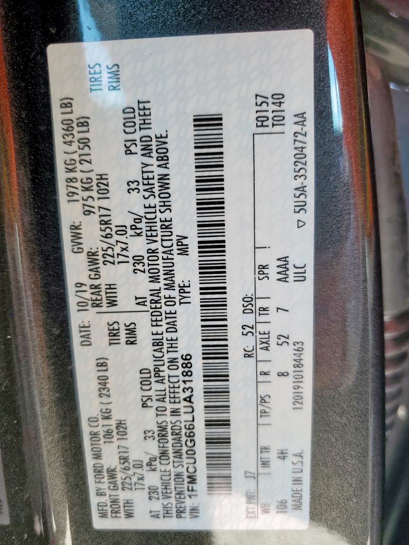 Photo 14 from auction – 2020 FORD ESCAPE SE with VIN 1FMCU0G66LUA31886