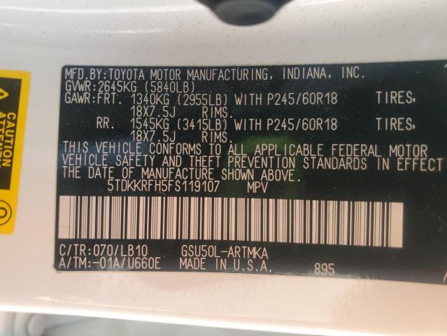 Photo 14 from auction – 2015 TOYOTA HIGHLANDER with VIN 5TDKKRFH5FS119107
