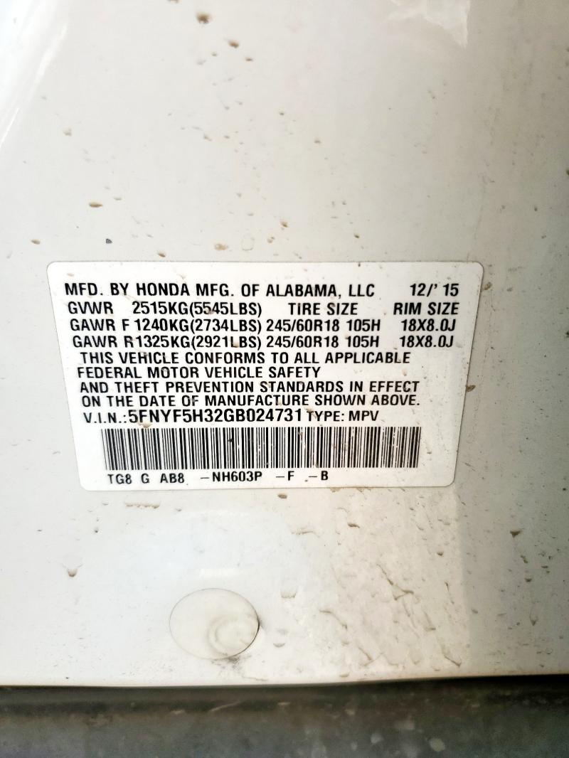 Photo 14 from auction – 2016 HONDA PILOT EX with VIN 5FNYF5H32GB024731
