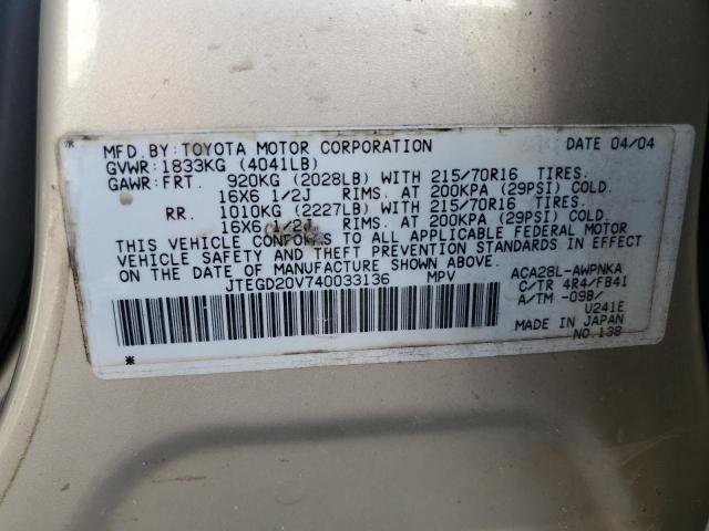 Photo 14 from auction – 2004 TOYOTA RAV4 with VIN JTEGD20V740033136