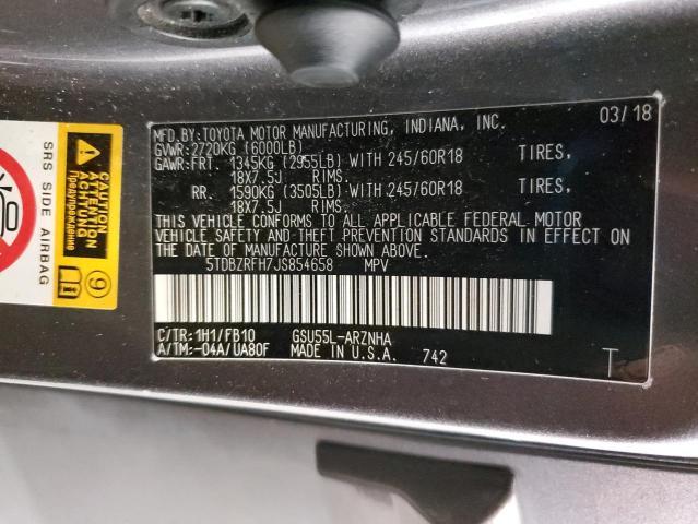 Photo 14 from auction – 2018 TOYOTA HIGHLANDER with VIN 5TDBZRFH7JS854658