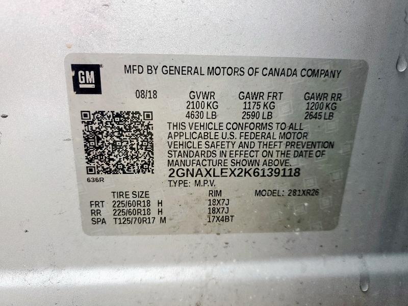 Photo 14 from auction – 2019 CHEVROLET EQUINOX LT with VIN 2GNAXLEX2K6139118