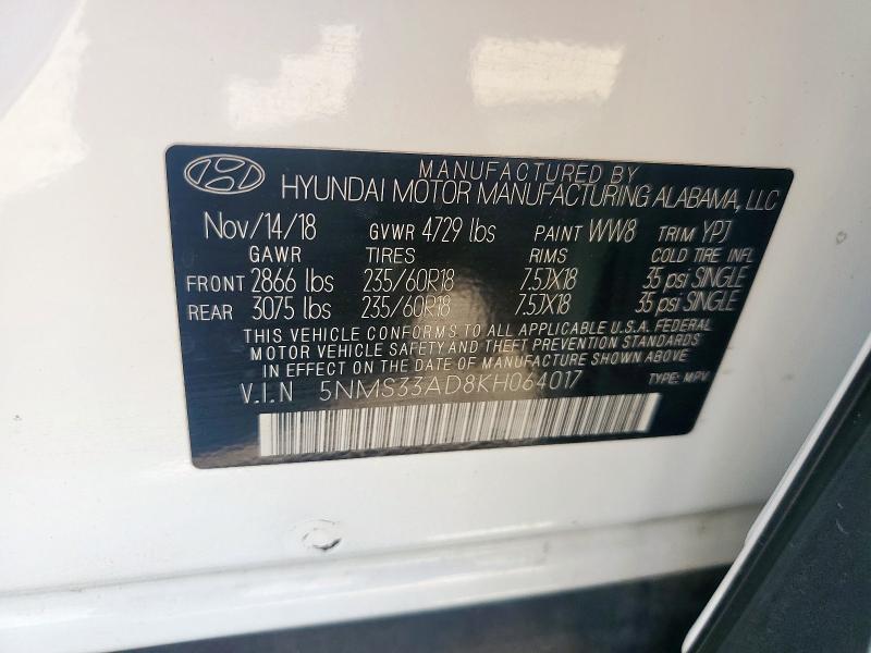 Photo 14 from auction – 2019 HYUNDAI SANTA FE SEL with VIN 5NMS33AD8KH064017