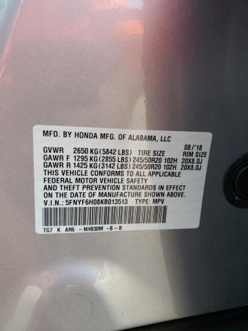 Photo 14 from auction – 2019 HONDA PILOT ELITE with VIN 5FNYF6H08KB013513