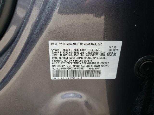 Photo 14 from auction – 2019 HONDA PILOT ELIT with VIN 5FNYF6H02KB042537