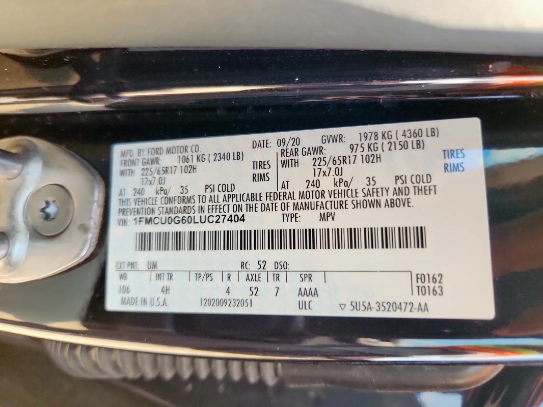 Photo 14 from auction – 2020 FORD ESCAPE SE with VIN 1FMCU0G60LUC27404