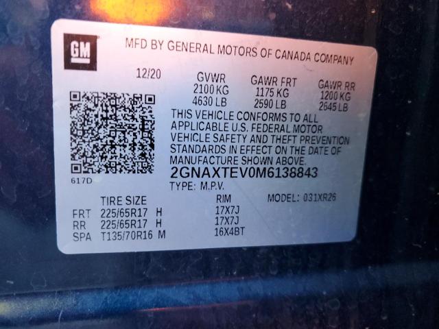 Photo 14 from auction – 2021 CHEVROLET EQUINOX LT with VIN 2GNAXTEV0M6138843