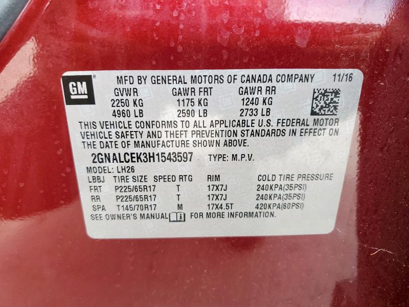 Photo 14 from auction – 2017 CHEVROLET EQUINOX LT with VIN 2GNALCEK3H1543597