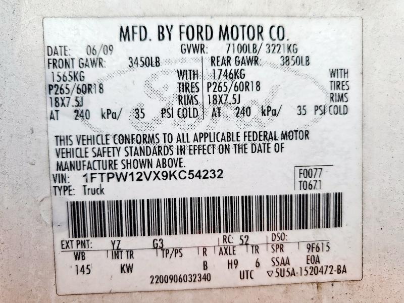 Photo 14 from auction – 2009 FORD F150 SUPERCREW with VIN 1FTPW12VX9KC54232