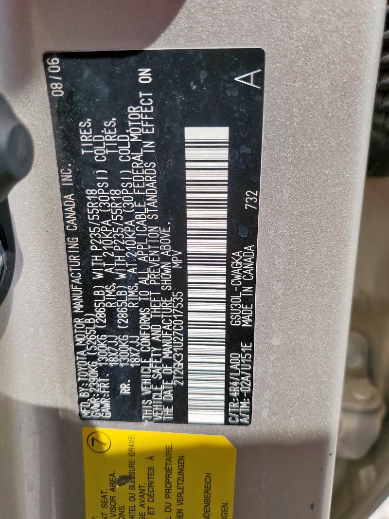 Foto 14 de la subasta – 2007 LEXUS RX 350 con VIN 2T2GK31U27C017535