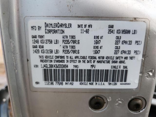 Photo 14 from auction – 2003 JEEP LIBERTY RE with VIN 1J4GL38K43W593094