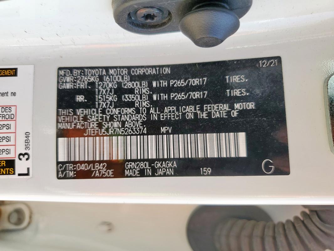 Photo 14 from auction – 2022 TOYOTA 4RUNNER SR with VIN JTEFU5JR7N5263374