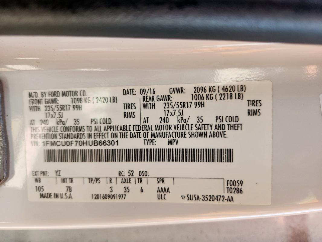 Photo 14 from auction – 2017 FORD ESCAPE S with VIN 1FMCU0F70HUB66301