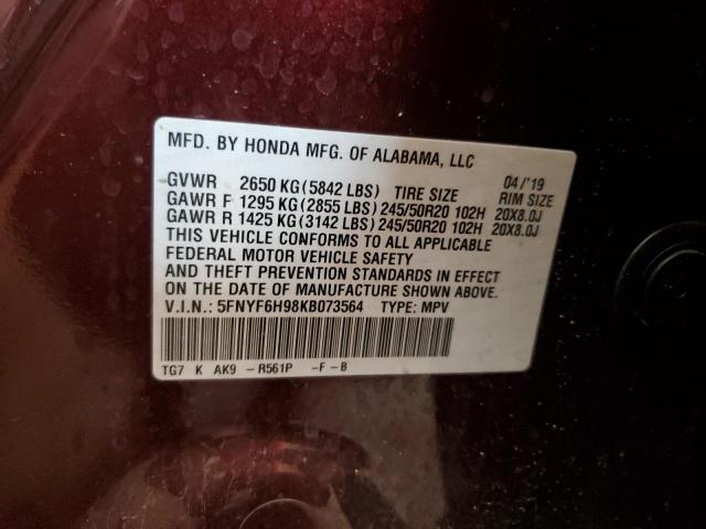 Photo 14 from auction – 2019 HONDA PILOT TOUR with VIN 5FNYF6H98KB073564