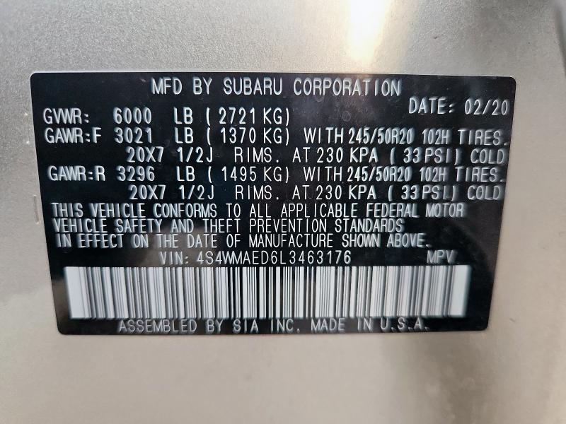 Photo 14 from auction – 2020 SUBARU ASCENT PRE with VIN 4S4WMAED6L3463176