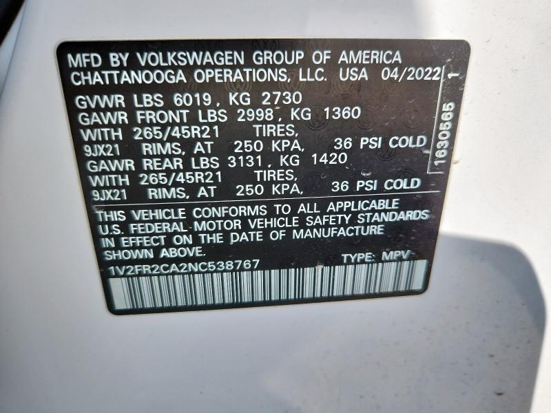Photo 14 from auction – 2022 VOLKSWAGEN ATLAS SEL with VIN 1V2FR2CA2NC538767