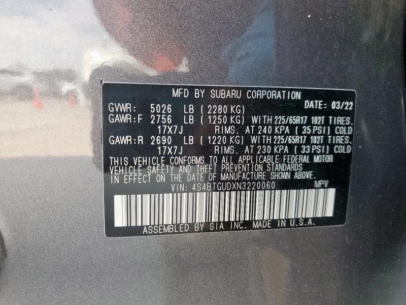 Photo 14 from auction – 2022 SUBARU OUTBACK WI with VIN 4S4BTGUDXN3220060