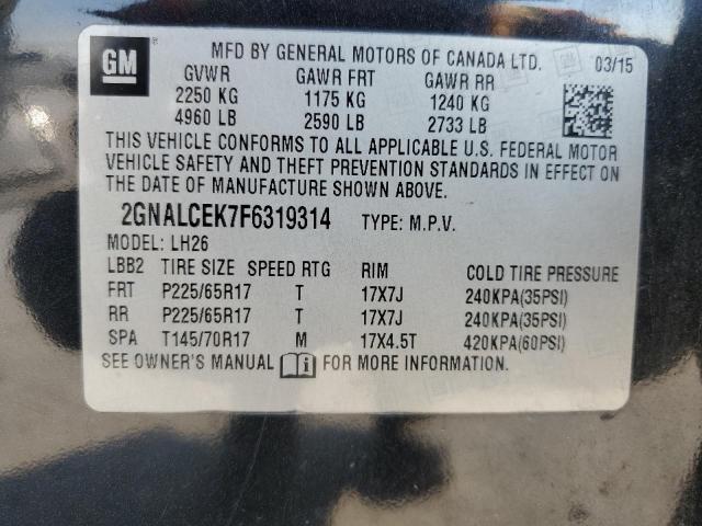 Photo 14 from auction – 2015 CHEVROLET EQUINOX LT with VIN 2GNALCEK7F6319314