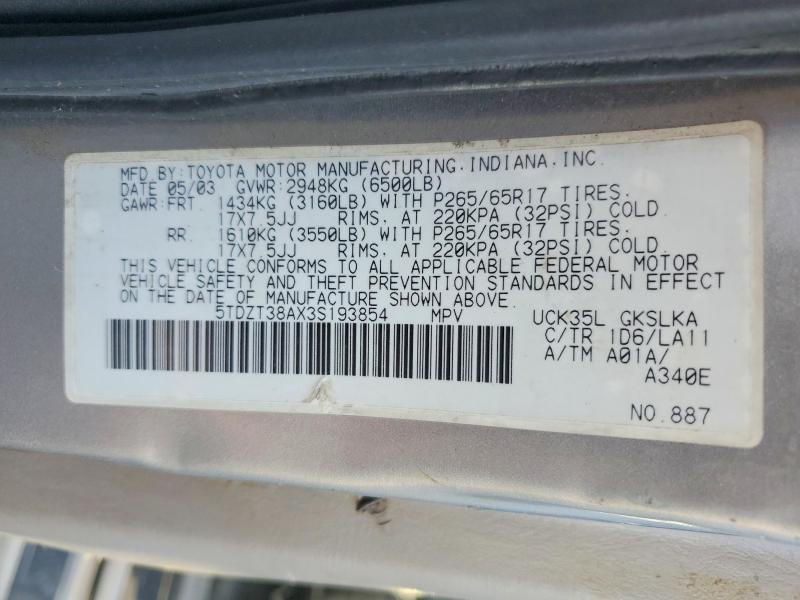 Photo 14 from auction – 2003 TOYOTA SEQUOIA with VIN 5TDZT38AX3S193854