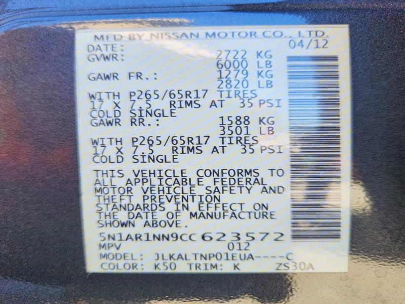 Photo 14 from auction – 2012 NISSAN PATHFINDER with VIN 5N1AR1NN9CC623572