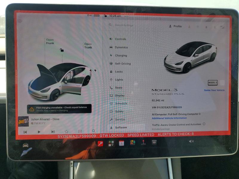 Photo 9 from auction – 2020 TESLA MODEL 3 with VIN 5YJ3E1EA2LF599009