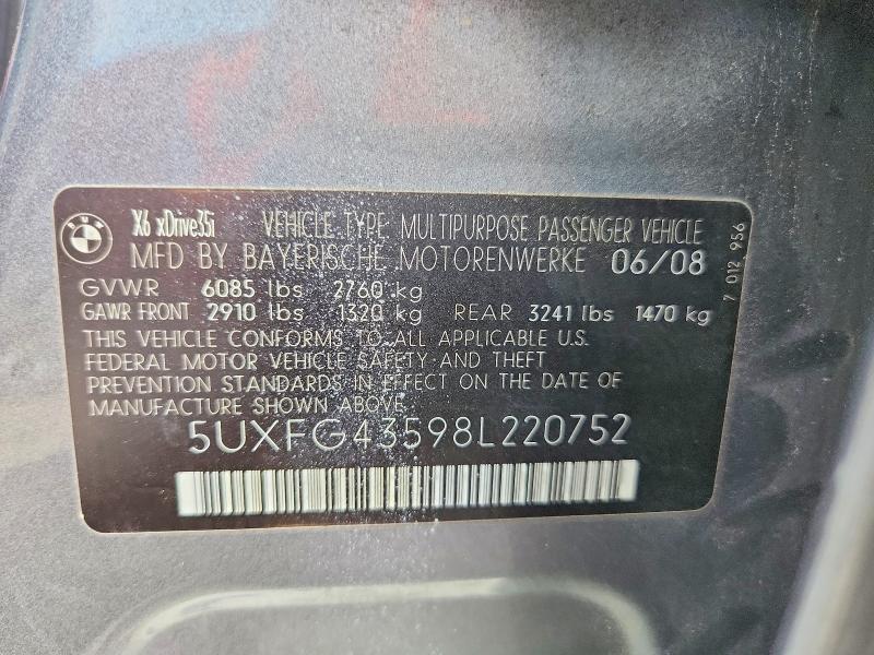 Photo 14 from auction – 2008 BMW X6 with VIN 5UXFG43598L220752