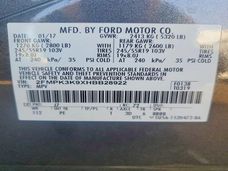 Photo 14 from auction – 2017 FORD EDGE with VIN 2FMPK3K9XHBB28922