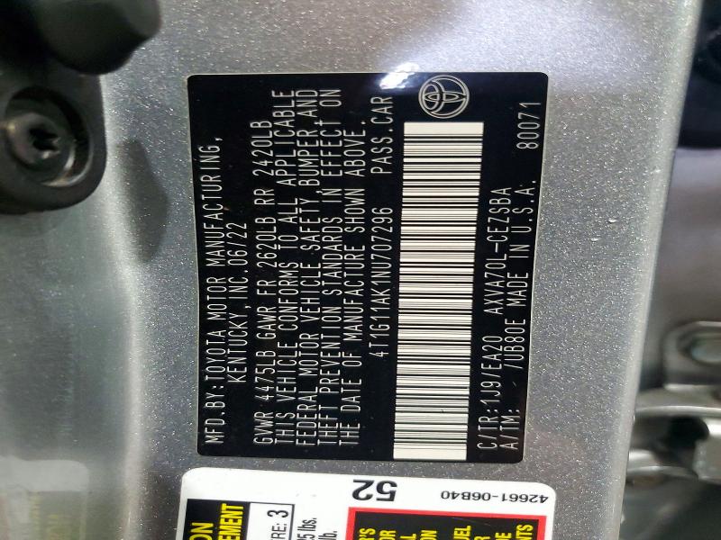 Photo 14 from auction – 2022 TOYOTA CAMRY with VIN 4T1G11AK1NU707296