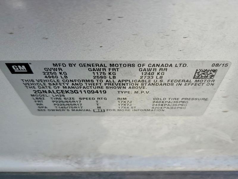 Photo 14 from auction – 2016 CHEVROLET EQUINOX with VIN 2GNALCEK3G1109419