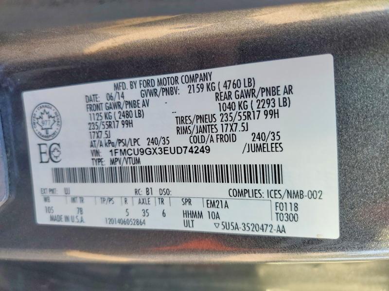 Снимка 14 от търг – 2014 FORD ESCAPE с VIN 1FMCU9GX3EUD74249