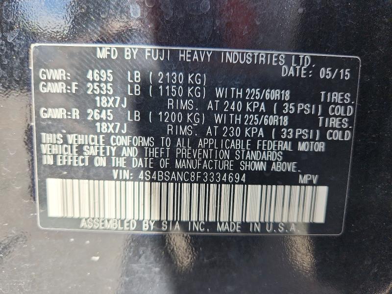 Photo 14 from auction – 2015 SUBARU OUTBACK with VIN 4S4BSANC8F3334694