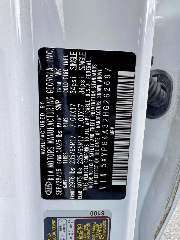 Photo 13 from auction – 2017 KIA SORENTO with VIN 5XYPG4A32HG262697