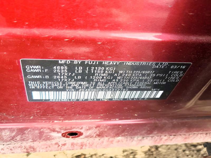 Photo 14 from auction – 2016 SUBARU OUTBACK with VIN 4S4BSBDC0G3312780