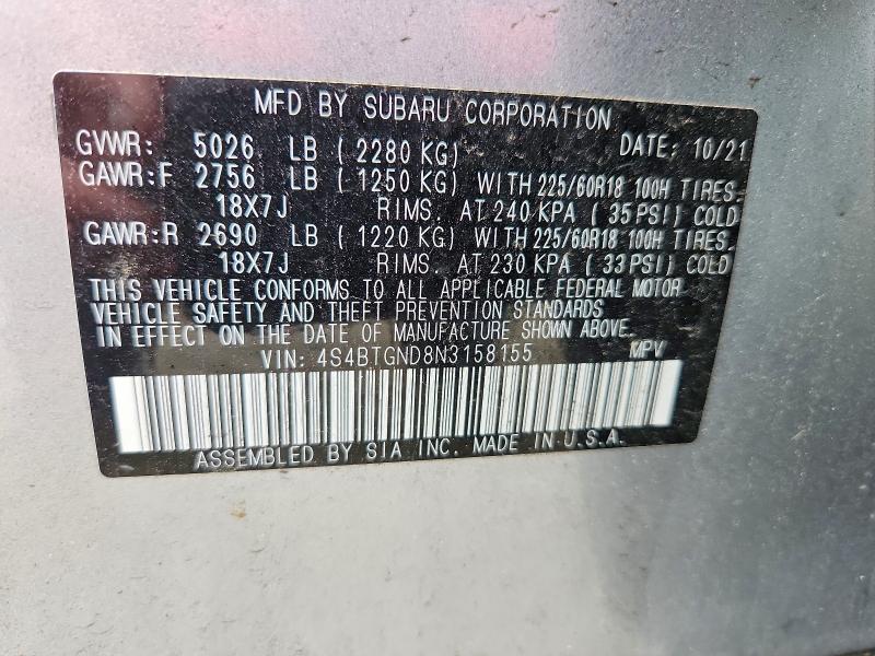 Photo 14 from auction – 2022 SUBARU OUTBACK with VIN 4S4BTGND8N3158155
