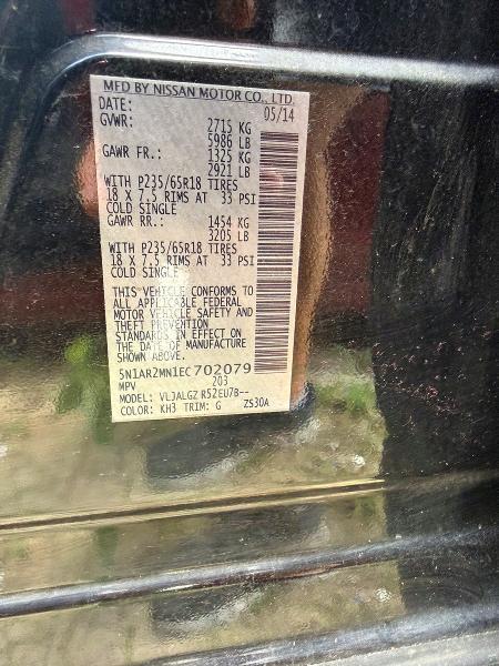 Photo 10 from auction – 2014 NISSAN PATHFINDER with VIN 5N1AR2MN1EC702079