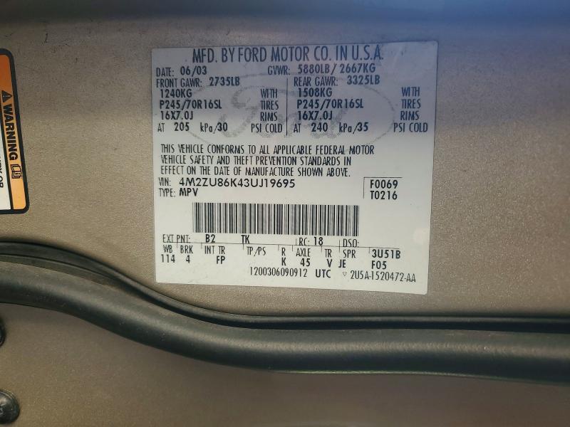 Фото 14 с аукциона – 2003 MERCURY MOUNTAINEER с VIN 4M2ZU86K43UJ19695