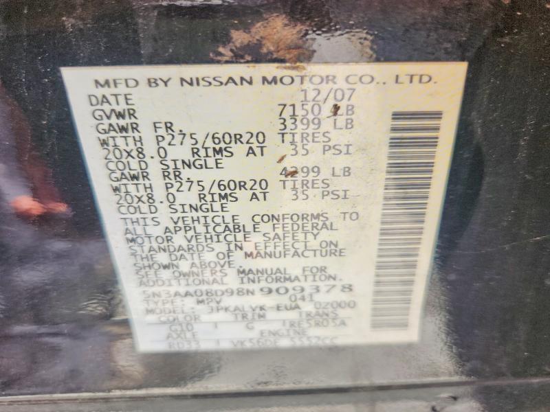 Photo 14 from auction – 2008 INFINITI QX56 with VIN 5N3AA08D98N909378