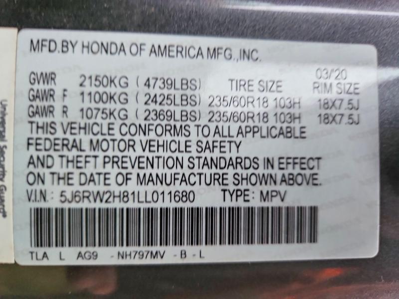 Photo 14 from auction – 2020 HONDA CR-V with VIN 5J6RW2H81LL011680
