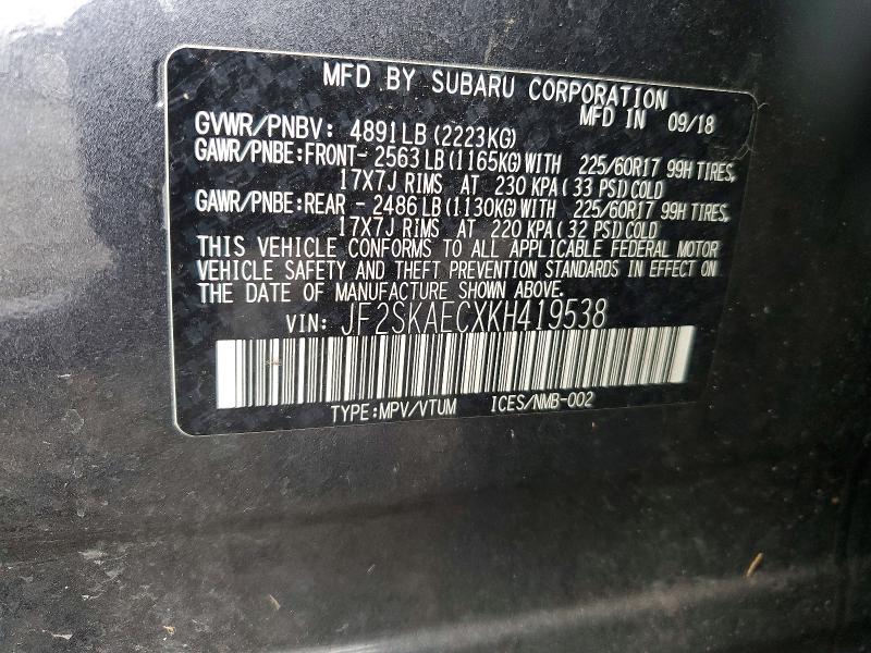 Photo 14 from auction – 2019 SUBARU FORESTER with VIN JF2SKAECXKH419538