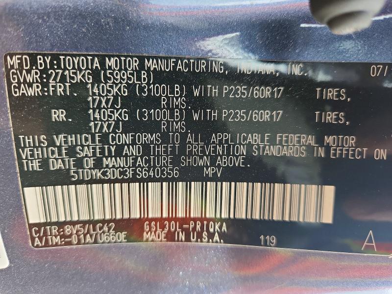 Photo 14 from auction – 2015 TOYOTA SIENNA with VIN 5TDYK3DC3FS640356