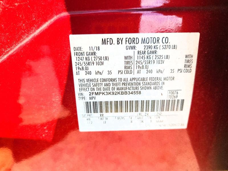 Photo 14 from auction – 2019 FORD EDGE with VIN 2FMPK3K92KBB34558