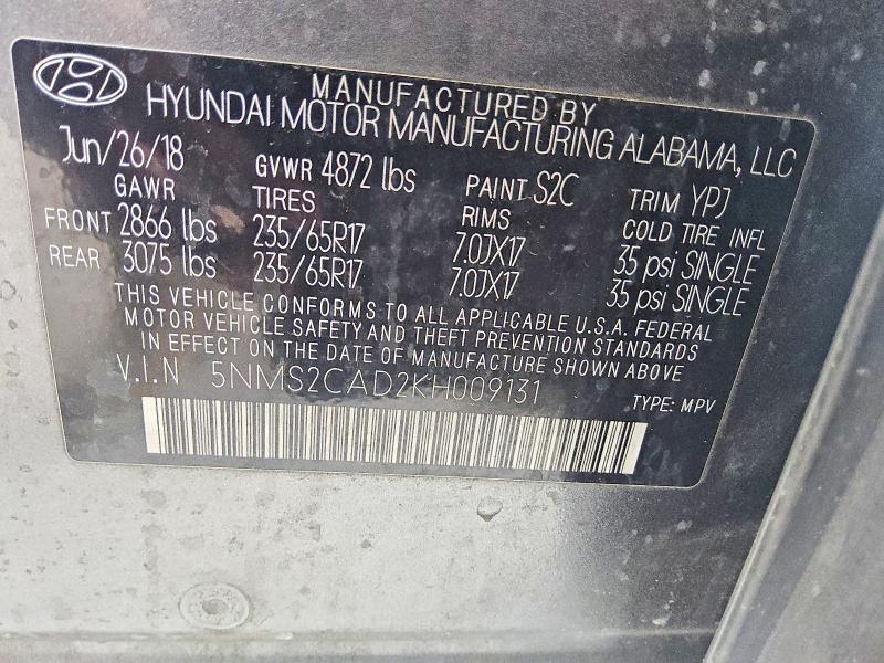 Снимка 13 от търг – 2019 HYUNDAI SANTA FE с VIN 5NMS2CAD2KH009131