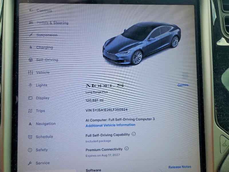 Photo 9 from auction – 2020 TESLA MODEL S with VIN 5YJSA1E26LF350924