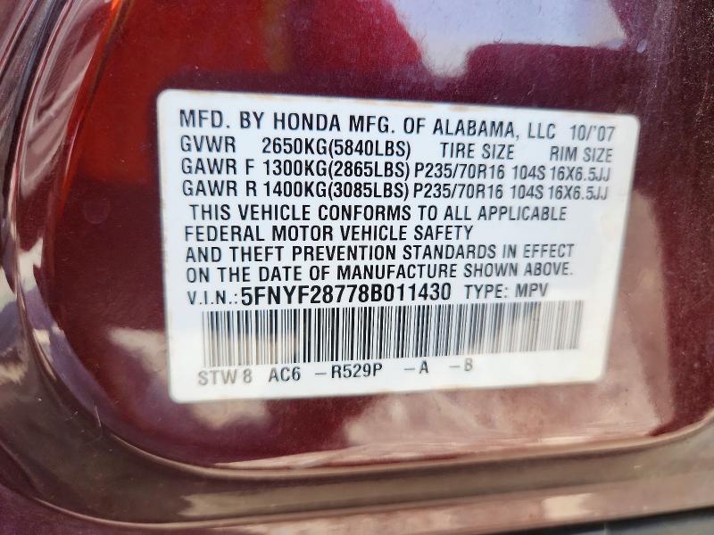 Photo 14 from auction – 2008 HONDA PILOT with VIN 5FNYF28778B011430