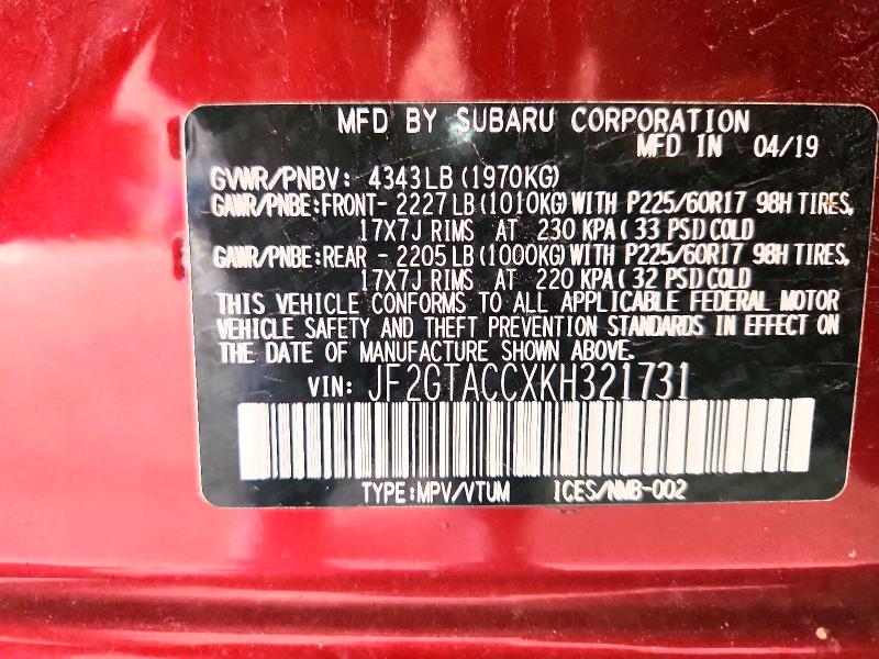 Photo 14 from auction – 2019 SUBARU CROSSTREK with VIN JF2GTACCXKH321731