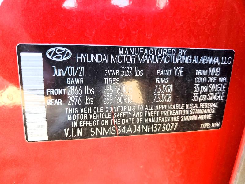 Снимка 14 от търг – 2022 HYUNDAI SANTA FE с VIN 5NMS34AJ4NH373077