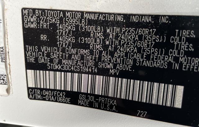 Photo 10 from auction – 2012 TOYOTA SIENNA LE with VIN 5TDKK3DC4CS194414