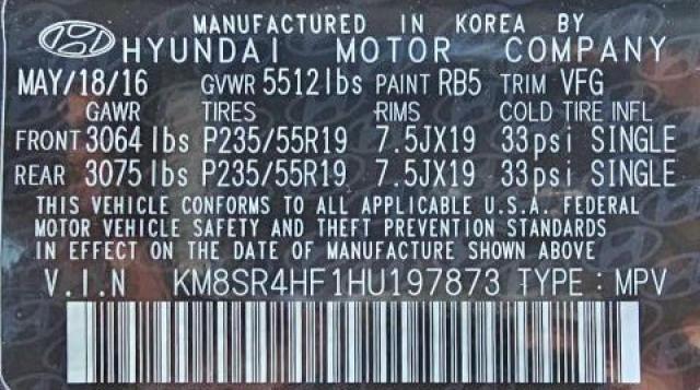 Photo 10 from auction – 2017 HYUNDAI SANTA FE S with VIN KM8SR4HF1HU197873