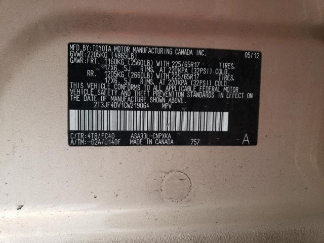 Photo 14 from auction – 2012 TOYOTA RAV4 with VIN 2T3JF4DV1CW219064
