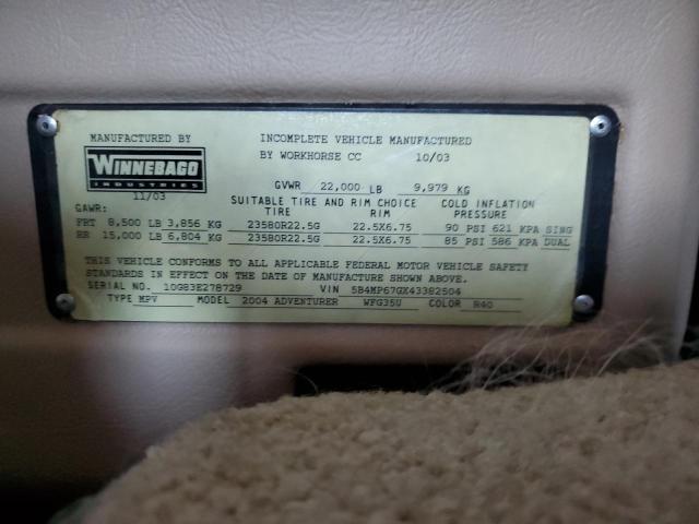 Photo 10 from auction – 2004 WORKHORSE CUSTOM CHASSIS MOTORHOME with VIN 5B4MP67GX43382504